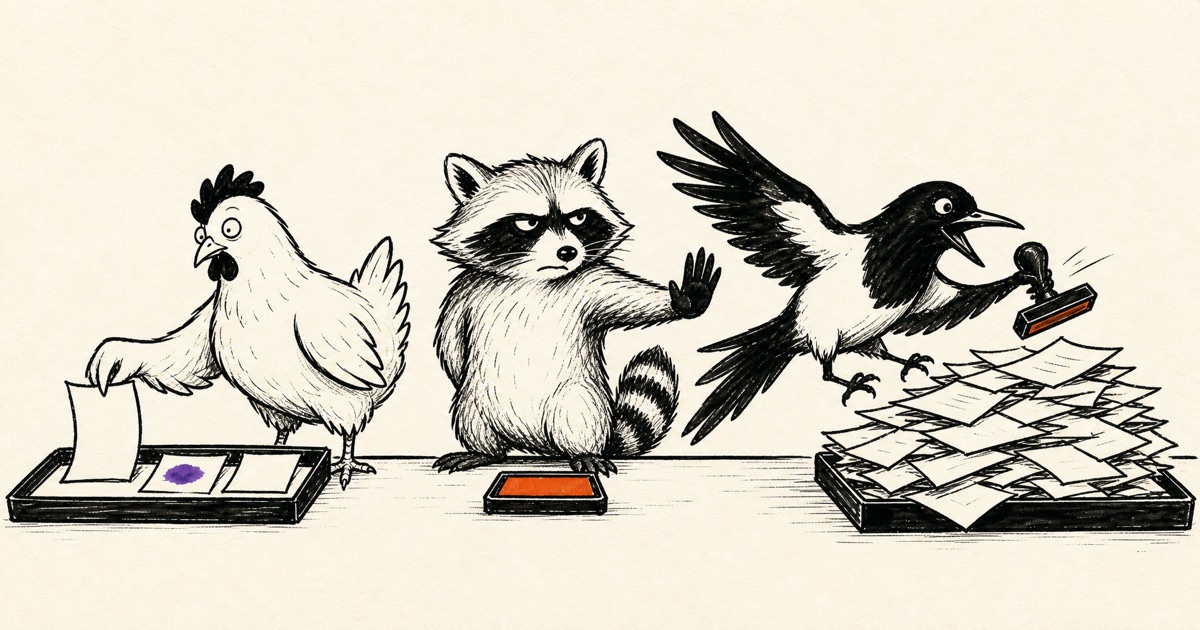 A chicken takes one marked scrap from a small tray while a raccoon stops a magpie from stamping a messy overflowing pile.